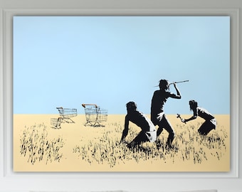 Consumerism, street art, pop art, graffiti, high quality canvas painting in Banksy style, interior wall decoration