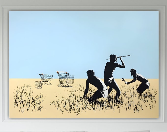 Consumerism, street art, pop art, Graffiti, high quality canvas painting in Bansky style, interior wall decoration