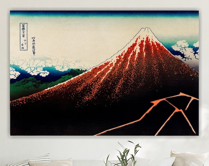 Hokusai Japanese Wall Art Print Red Mountain Landscape Aesthetic Poster or Painting Indoor Wall Decor.