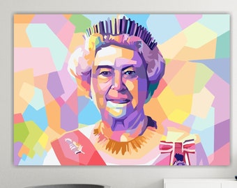Queen of England, Pop Art Canvas Print, Poster or Art Painting, Horizontal Wall Decor.