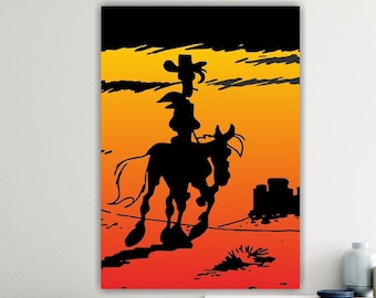 Lucky Luke leaves with his horse, poster or canvas painting, comic book character canvas print, interior wall decorations.