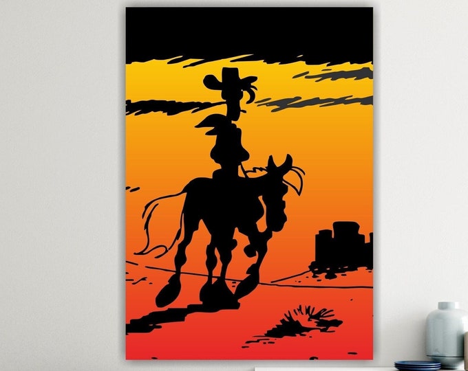 Lucky Luke leaves with his horse, poster or canvas painting, comic book character canvas print, interior wall decorations.