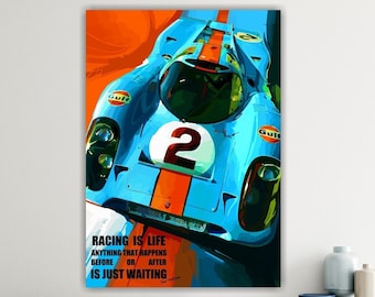 Le Mans Grandprix Gulf, Steve McQueen, iconic car, racing is life, poster or canvas painting, interior wall decoration.