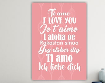 Poster or canvas painting love phrases, I Love You in different languages, interior wall decorations, pink canvas print.