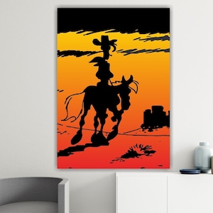 Lucky Luke leaves with Jolly, poster or painting on canvas, cartoon character canvas print, interior wall decorations. image 1