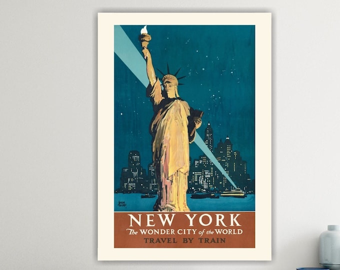 Statue of Liberty, New York the Wonder City, Travel Poster or Painting, Vintage Canvas Print, Interior Wall Decor.
