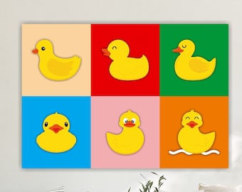 Pop art small colorful ducks, aesthetic poster or painting, canvas print for wall, interior wall decoration.