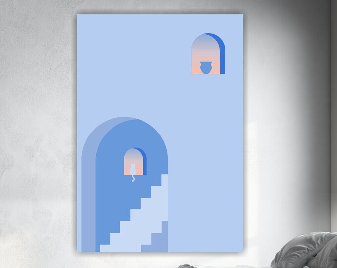 Boho minimalist aesthetic poster or picture, Mykonos sunset view with cats, sky blue print, interior wall decor.