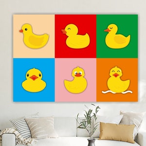 Pop art kleine kleurrijke eenden, esthetische poster of schilderij, canvas print voor aan de muur, decoratie voor binnenmuren.