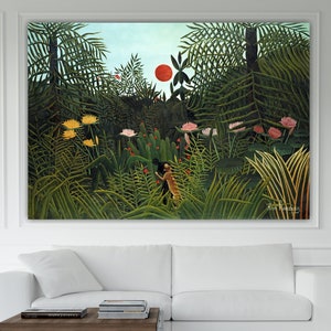 Henri Rousseau: Urwald mit Sonnenuntergang, Poster oder Wandkunst, Leinwanddruck, Wanddekoration für Zuhause.