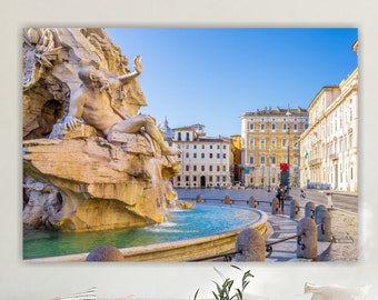 Rome Bernini Fountain, Canvas Print, Travel to Italy, Aesthetic Painting or Poster.