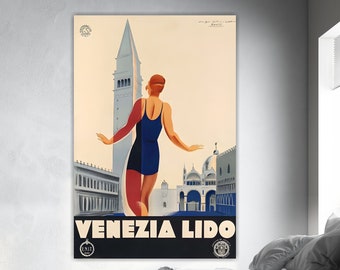 Large Vintage Venice Lido Painting, Canvas Print, Indoor Wall Decor.