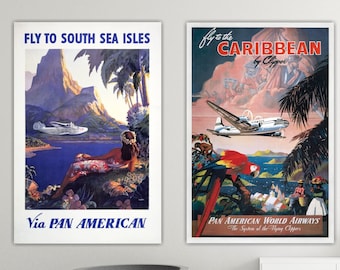 Set of 2 Canvas Prints, Caribbean with Pan American Airways, Travel Poster or Picture, Clipper, Interior Wall Decorations.
