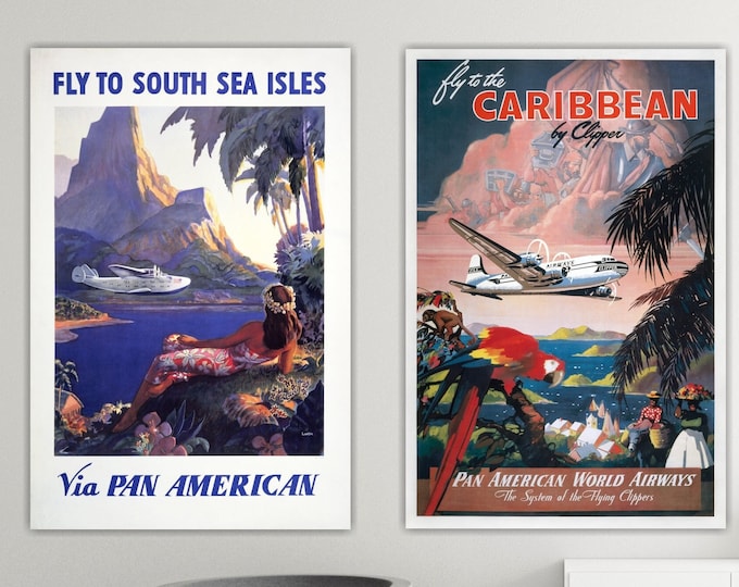 Set of 2 Canvas Prints, Caribbean with Pan American Airways, Travel Poster or Picture, Clipper, Interior Wall Decorations.