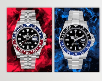 Set of 2 GMT Pepsi Rolex Canvas Prints, Poster or Canvas Picture, Red and Blue Interior Wall Art.