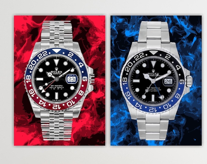 Set of 2 GMT Pepsi Rolex Canvas Prints, Poster or Canvas Picture, Red and Blue Interior Wall Art.