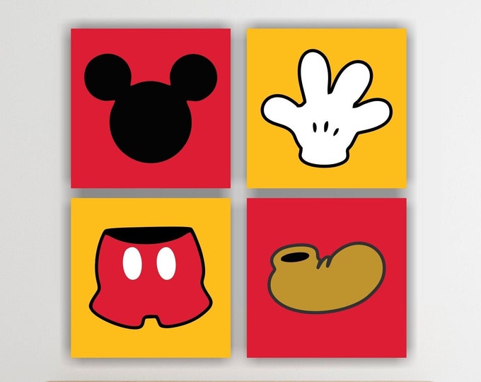 Set of 4 prints, posters or canvas paintings to hang, Mickey Mouse disassembled bedroom furniture home office