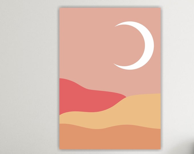 Boho landscape in pink color, canvas art print, poster or aesthetic painting, wall decorations.