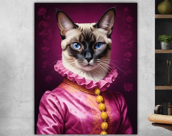 Modern poster or canvas painting, Siamese kitten Sally, Animal nobility, large colorful print, wall decorations.