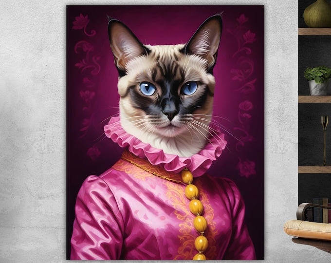 Modern poster or canvas painting, Siamese kitten Sally, Animal nobility, large colorful print, wall decorations.