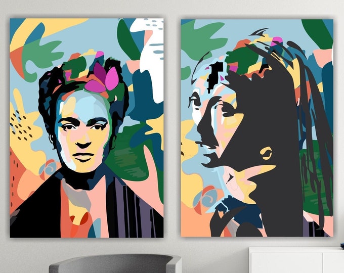 Girl with a Turban by Jan Vermeer and Frida Kahlo, Set of 2 Canvas Prints, Poster or Aesthetic Painting, Interior Wall Decorations.