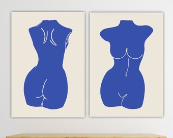 Set of 2 Canvas Prints Nude Woman Blue, Line Drawing, Post or Aesthetic Painting, Interior Wall Decorations.