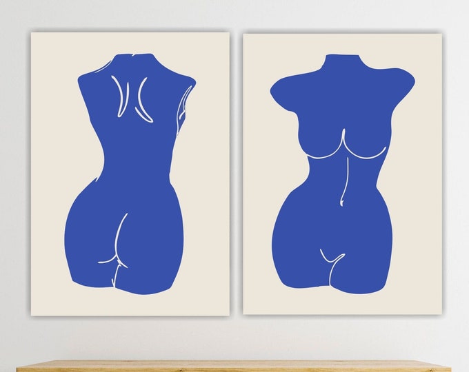 Set of 2 Canvas Prints Nude Woman Blue, Line Drawing, Post or Aesthetic Painting, Interior Wall Decorations.