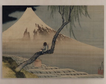 Hokusai Poster or Wall Art, Japanese Art Print, Mountain Tree and Boy, Interior Wall Decorations.