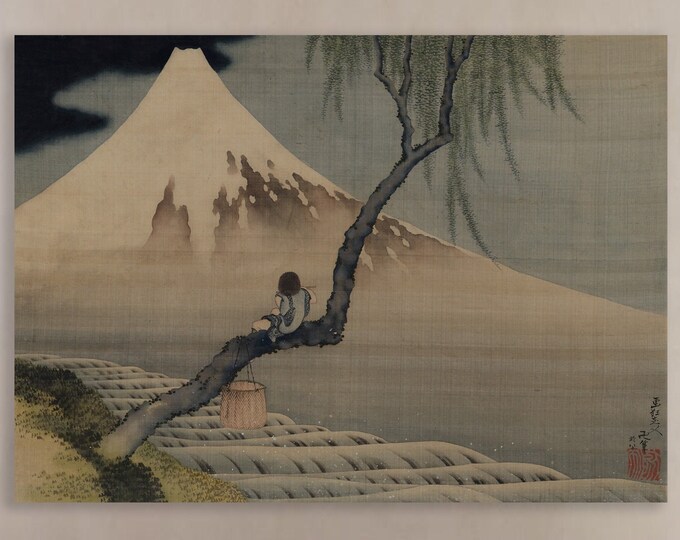 Hokusai Poster or Wall Art, Japanese Art Print, Mountain Tree and Boy, Interior Wall Decorations.