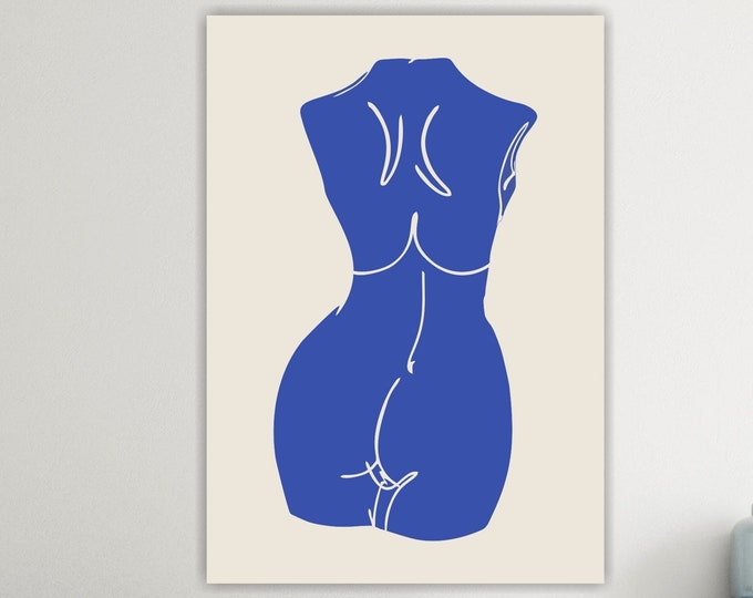 Canvas Print Abstract Nude Woman Blue, Minimalist Wall Decor, Line Drawing, Post or Aesthetic Painting.