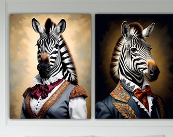 Lord and Lady Zebra, Animal Nobility, Set of 2 Canvas Prints, Poster or Aesthetic Painting, Interior Wall Decorations.