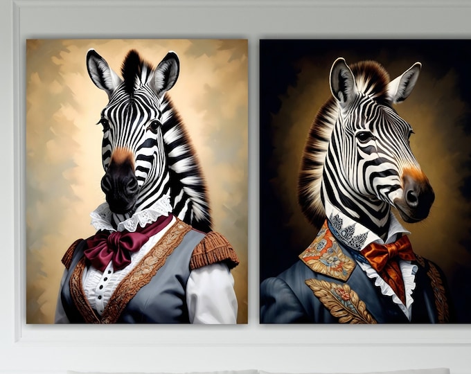 Lord and Lady Zebra, Animal Nobility, Set of 2 Canvas Prints, Poster or Aesthetic Painting, Interior Wall Decorations.