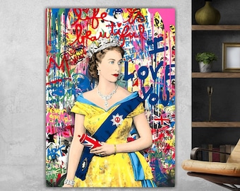 Large Size Modern Canvas Queen Elizabeth Pop Art Graffiti Poster or Canvas Painting Banksy Style Wall Art Home Decor.
