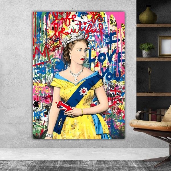 Affiche de graffiti Pop Art moderne de grande taille de la reine Elizabeth ou peinture sur toile de style Banksy, décoration murale intérieure.