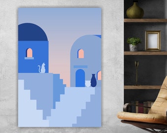 Minimalist boho style, aesthetic poster or painting, Mykonos sunset with cats, interior wall decor. Large print.