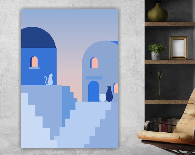 Minimalist boho style, aesthetic poster or painting, sunset on Mykonos with cats, interior wall decoration.