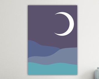 Boho Blue Landscape Canvas Print, Wall Art, Poster or Minimalist Aesthetic Painting.