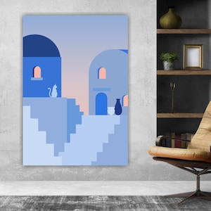 Stile boho minimalista, poster o quadro estetico, tramonto su Mykonos con gatti, decorazioni murali per interni.