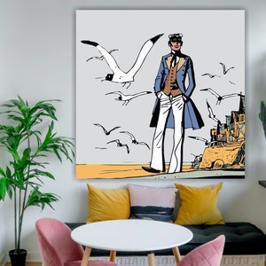 Corto Maltese poster or painting on canvas, wall print, interior wall decorations, Mont Saint Michele. Tribute to Hugo Pratt.