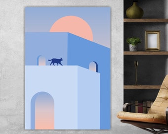 Mykonos houses poster or canvas painting, boho minimalist, interior wall decoration.