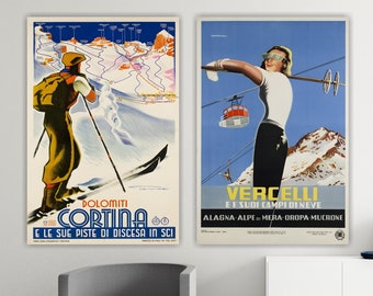 Set of 2 Canvas Prints, Vintage Ski Lovers Prints, Travel Poster or Picture, Clipper, Indoor Wall Decorations.