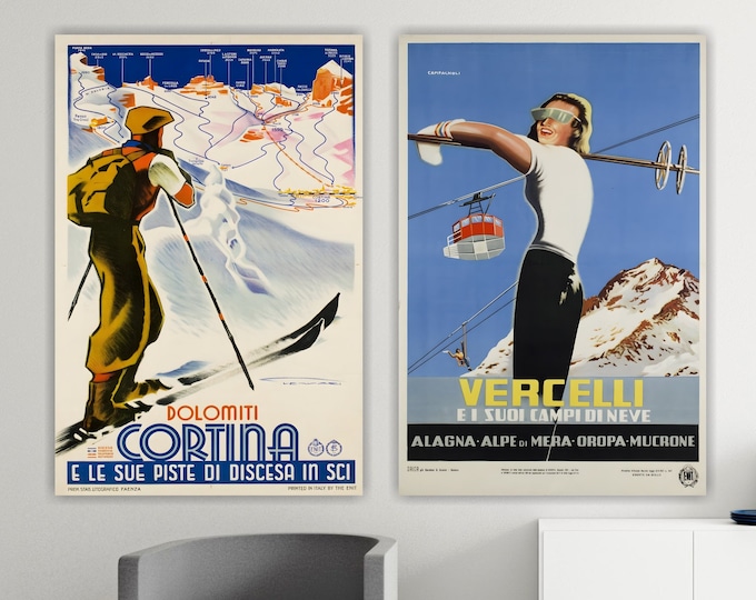Set of 2 Canvas Prints, Vintage Ski Lovers Prints, Travel Poster or Picture, Clipper, Indoor Wall Decorations.