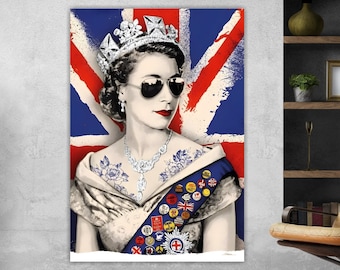 Banksy Queen Elizabeth UK FLAG Modern Canvas: Banksy Style Graffiti Pop Art - High Quality for Interior Wall Decorations