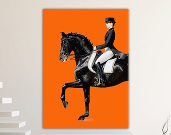 Orange horse poster or picture Wall decoration Dressage Right, girl on horseback pop art canvas print, aesthetic poster or picture.
