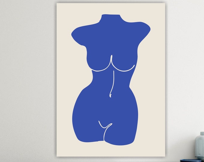 Blue woman line drawing, poster or canvas painting, canvas print, interior wall decoration.