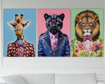 Set of 3 Canvas Wall Art Prints, Jungle Animals Pop Modern Version, Giraffe, Lion, Panther, Poster or Picture, Wall Decorations.