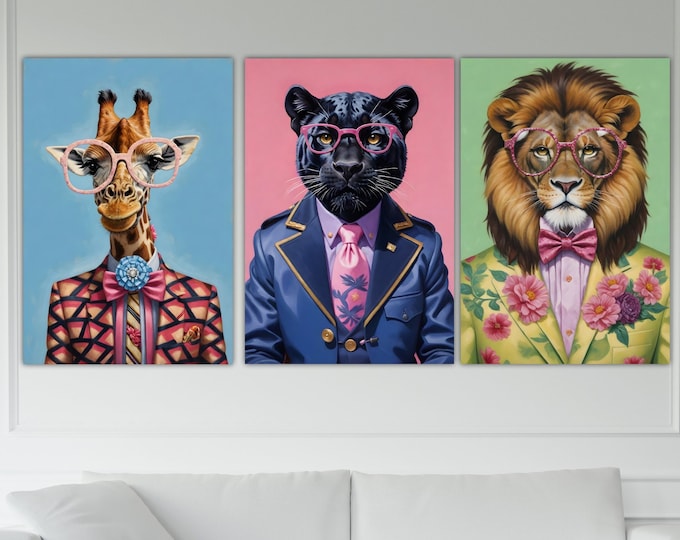 Set of 3 Canvas Wall Art Prints, Jungle Animals Pop Modern Version, Giraffe, Lion, Panther, Poster or Picture, Wall Decorations.
