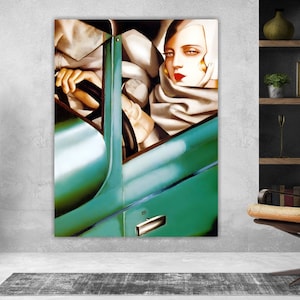 Tamara de Lempicka Self-portrait on Bugatti, print on canvas, aesthetic wall painting or poster, wall decorations for the home.