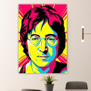 Könnte beinhalten: Eine Pop-Art-Illustration von John Lennon mit gelbem Hintergrund, blauen und pinkfarbenen Akzenten und einem Schwarzweißbild seines Gesichts.