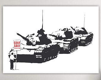 Banksy style painting, poster or hanging picture Tank, Tank, interior wall decorations. Made in Italy